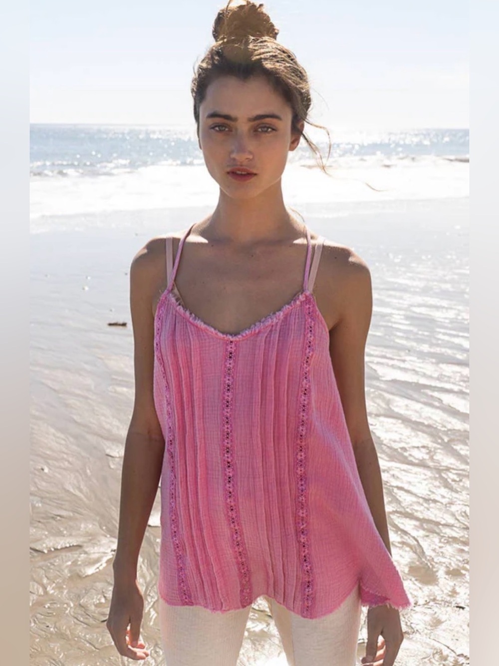 POL Pink Cotton Gauze Embroidered Strappy Tank Top Small